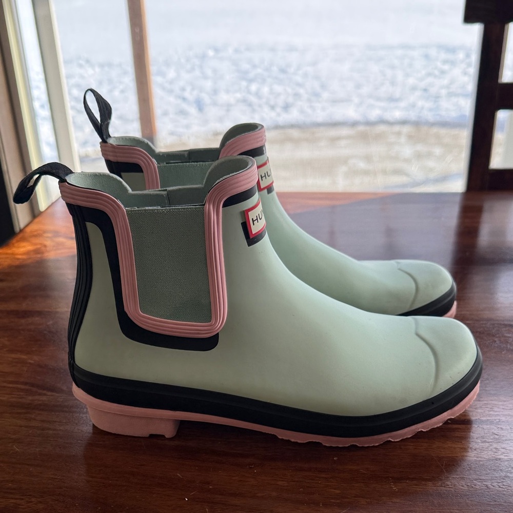 Hunter Women's Mint and Pink Rain Boots - Picture 2 of 6